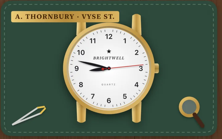 Screenshot from Horologist: a gold quartz watch on a green leather bench mat engraved 'A. Thornbury · Vyse St.', with tweezers and a loupe beside it.