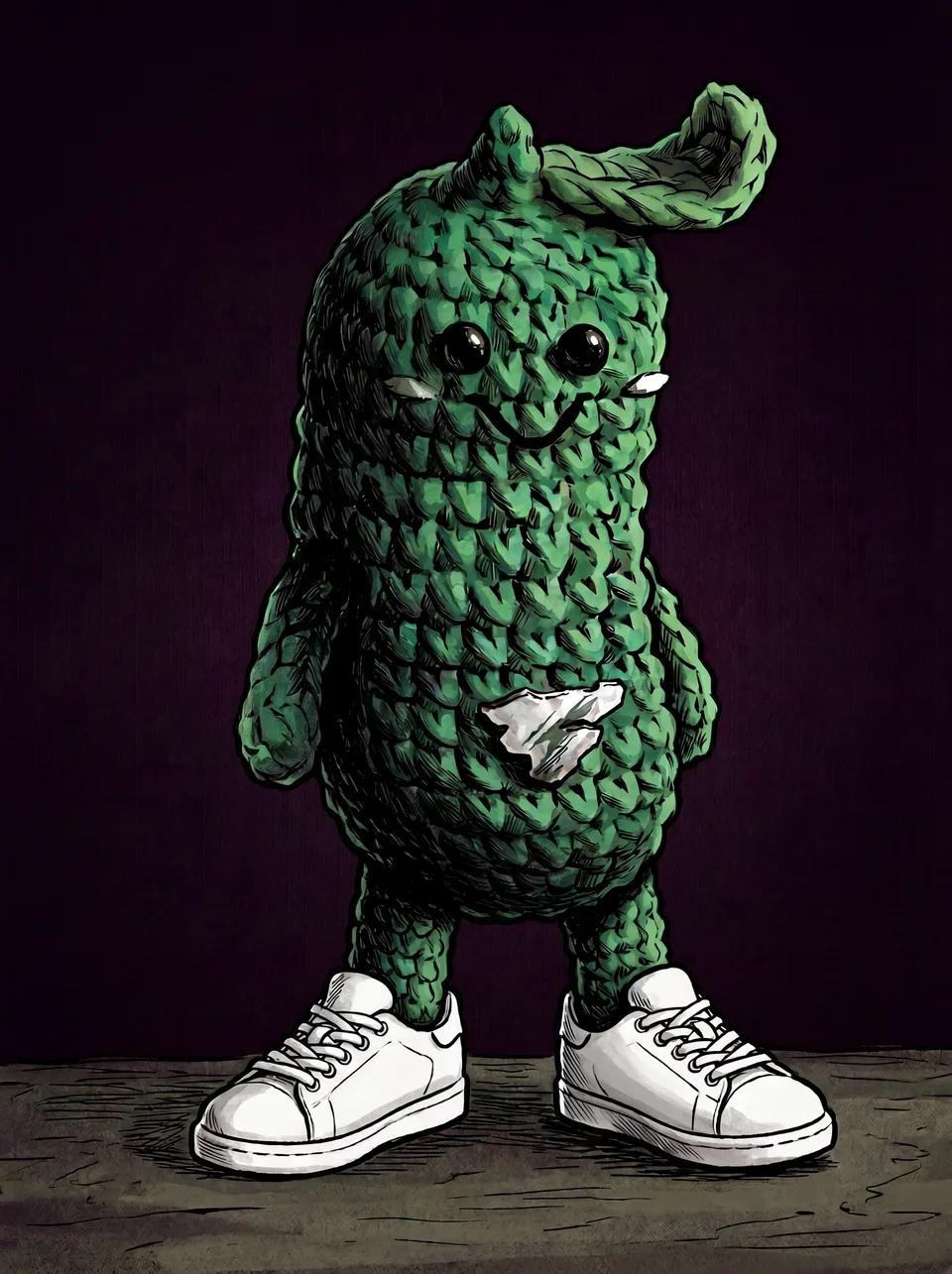 A crocheted green pickle with a shy smile, a curled leaf on its head and a tissue in its pocket, standing in white trainers.